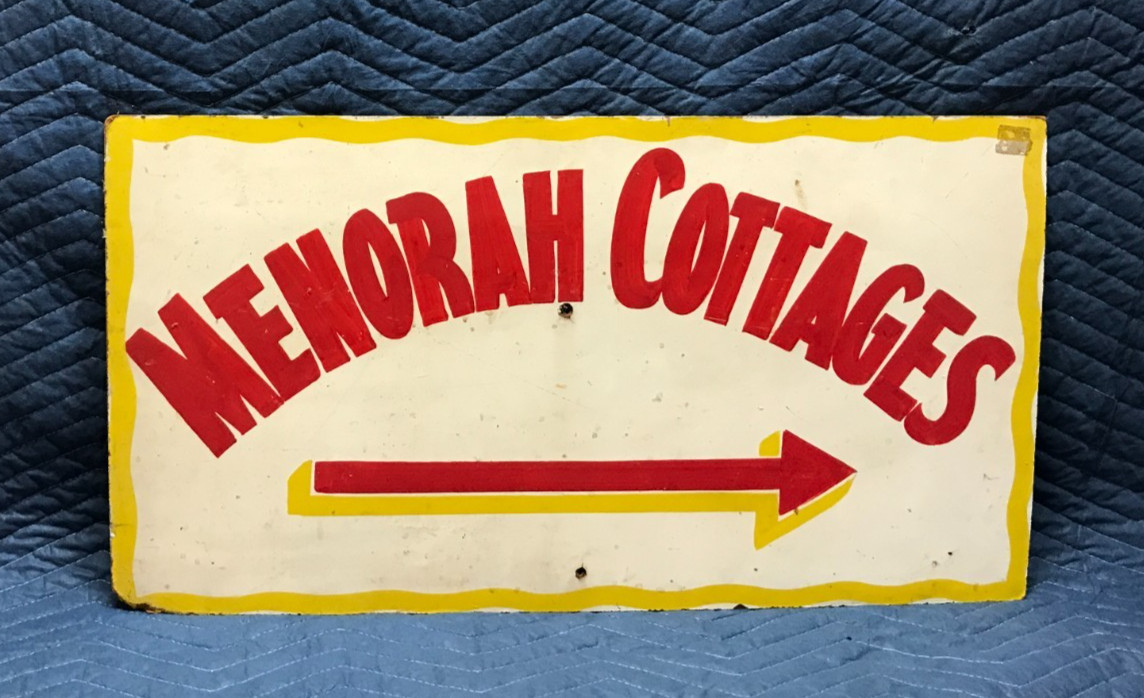 Antique 1940's VTG 16x30 Wood 1940's MENORAH COTTAGES Sign Man Cave Old 33-26B Antique 1940's VTG 16x30 Wood 1940's MENORAH COTTAGES Sign Man Cave Old 33-26B