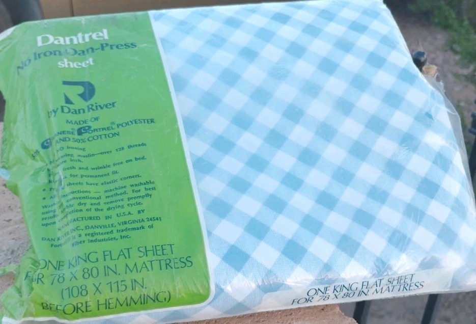 Dantrel No Iron Dan-Press Blue Checks Flat King Size Bed Sheet  NEW 