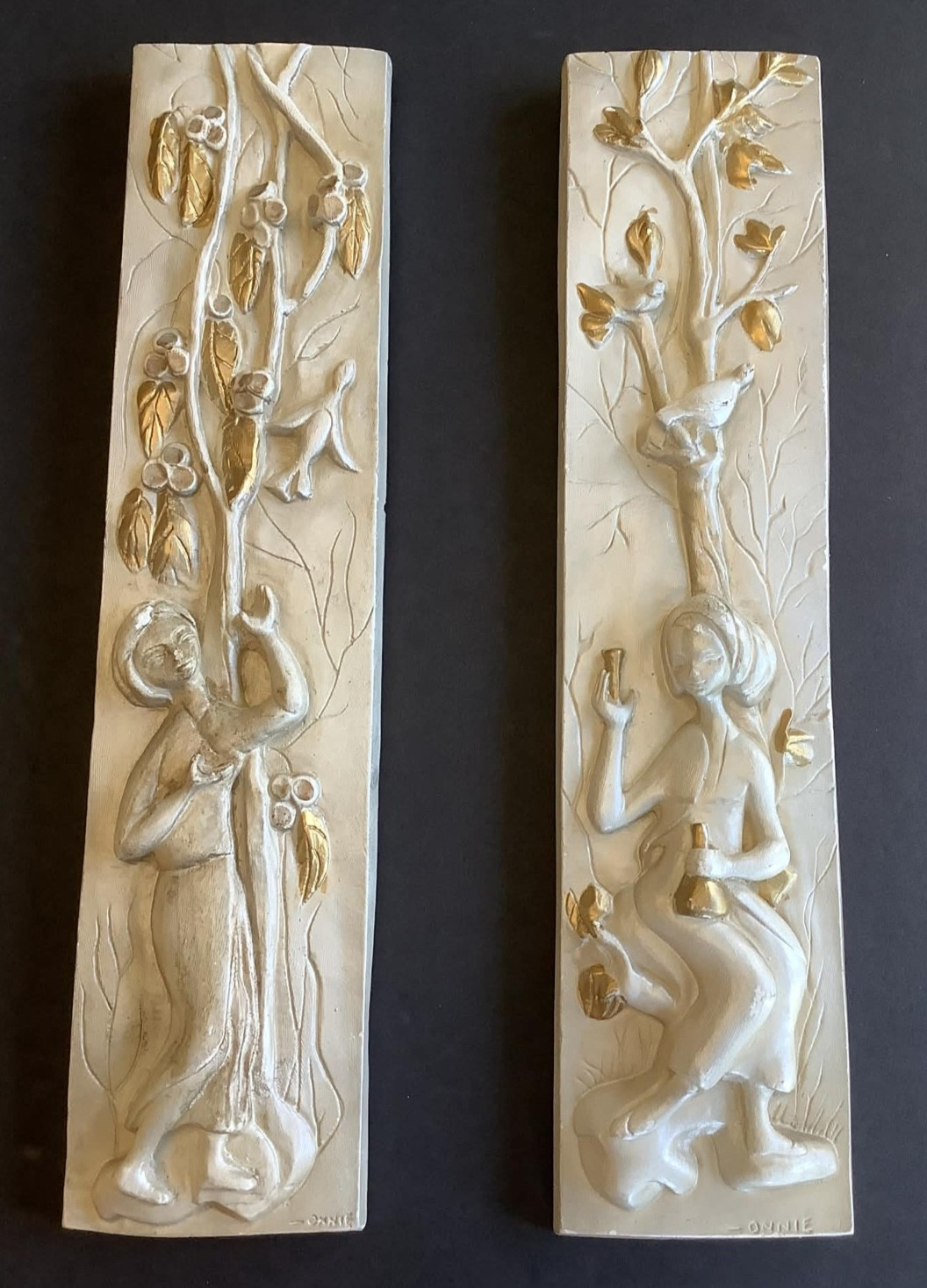 RarePair of Onnie Onaway Millar's White Folk Art Wall Plaques MCM 3-D Chalk-wear RarePair of Onnie Onaway Millar's White Folk Art Wall Plaques MCM 3-D Chalk-wear