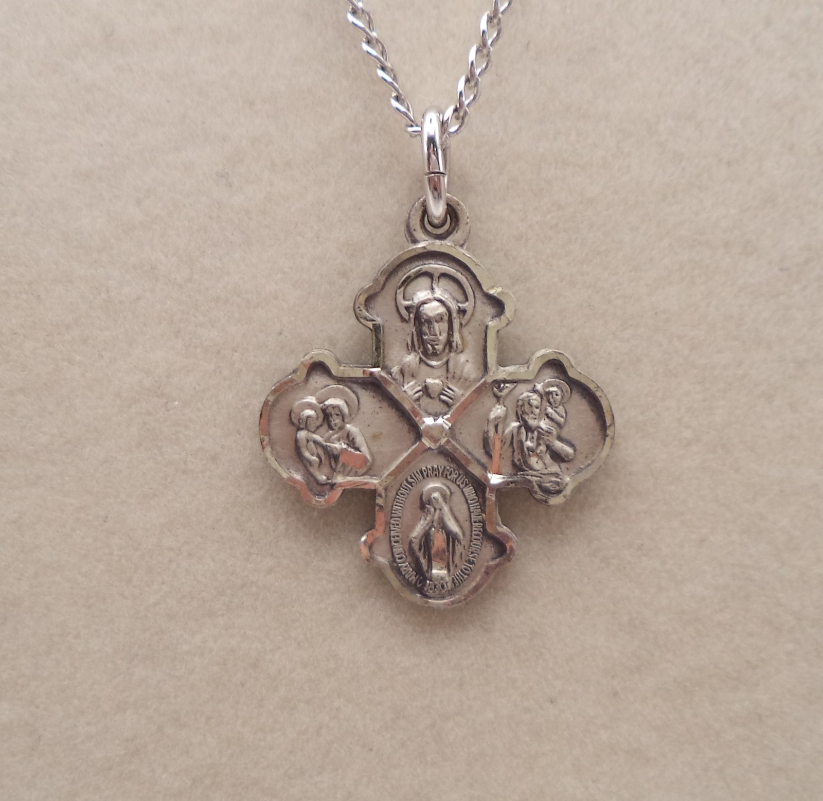 Vintage Hayward 925 Sterling Silver 4Way Catholic Cross Medal Necklace 15 Vintage Hayward 925 Sterling Silver 4Way Catholic Cross Medal Necklace 15