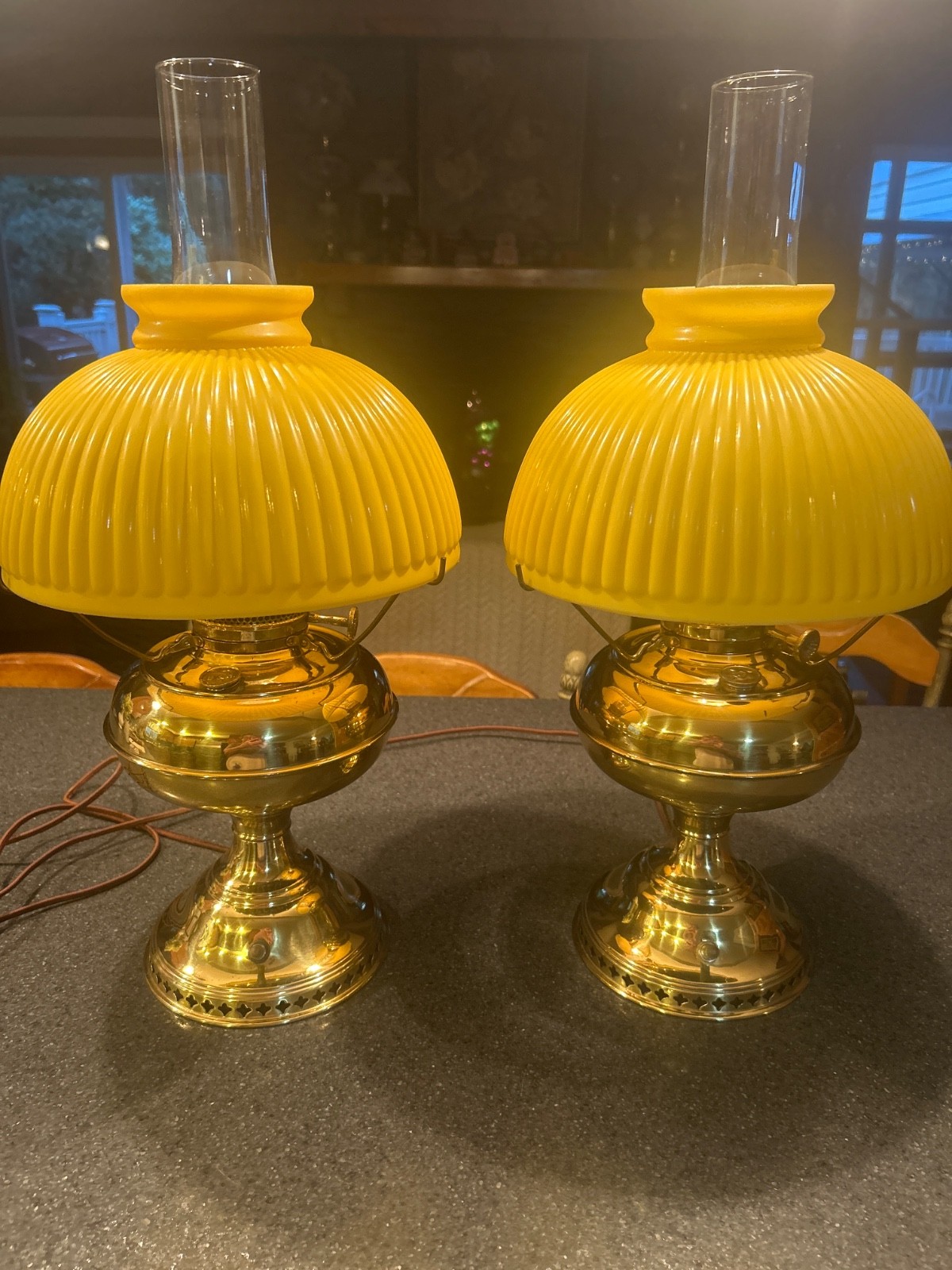 ANTIQUE PAIR GLASS FINGER OIL LAMP w/ YELLOW RIBBED ART GLASS SHADE ELECTRIC TOP