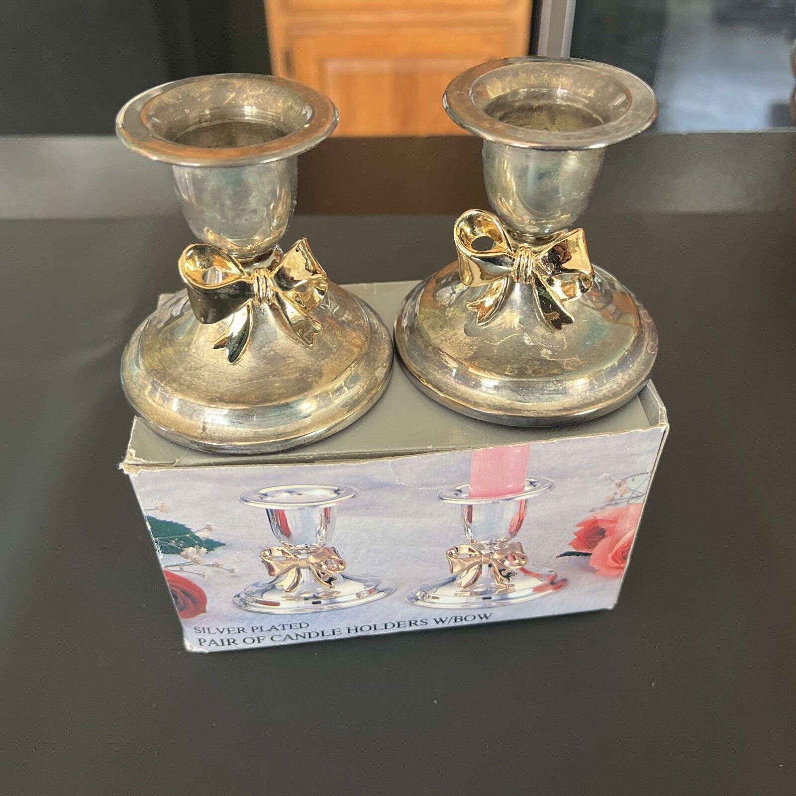 Vintage Set of 2 Silver Plated Metal w/Golden Bow Candlesticks Candle Holders