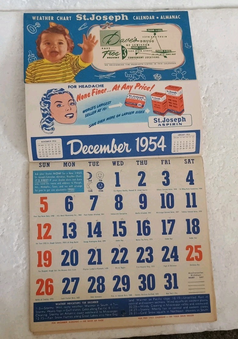 Vintage 1954 Calendar Almanac Dave's Drugs Lewiston Idaho Pharmacy St Joseph’s Vintage 1954 Calendar Almanac Dave's Drugs Lewiston Idaho Pharmacy St Joseph’s