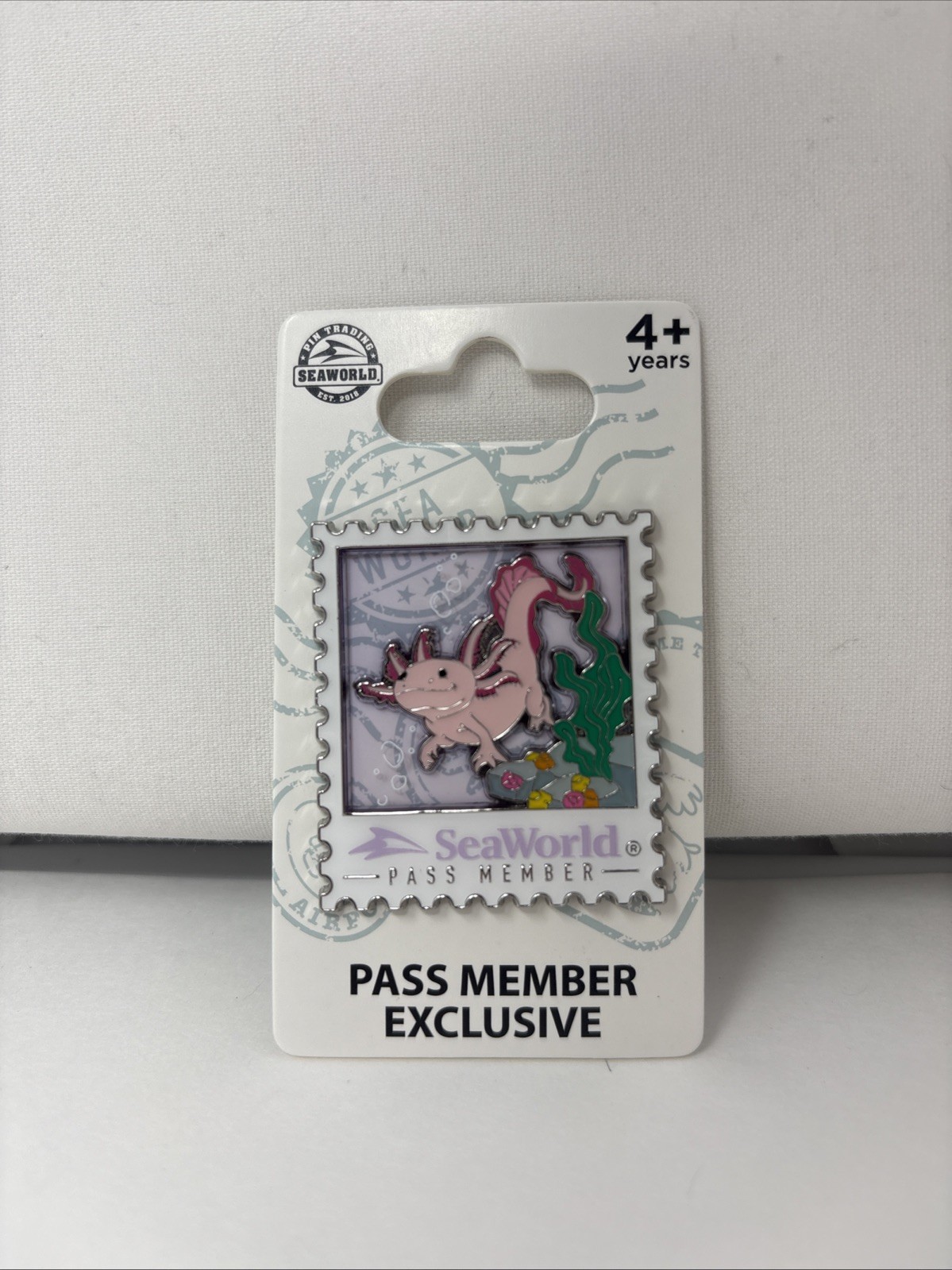 2026 SeaWorld Orlando Pass Member Exclusive Axolotl Postage Stamp Enamel Pin