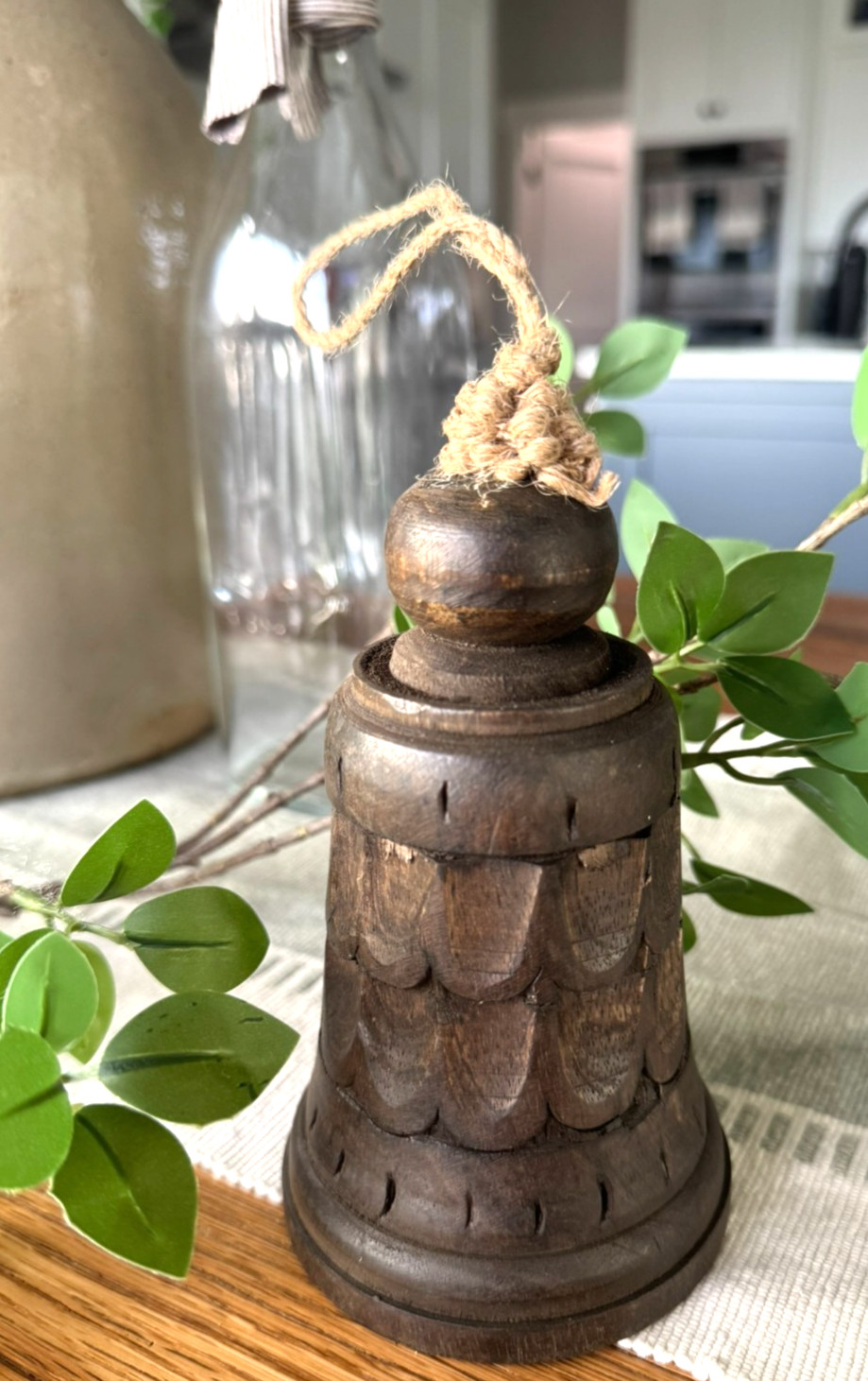 VINTAGE Wood Hand CARVED Bell Dinner School Room Metal Insert 5.25