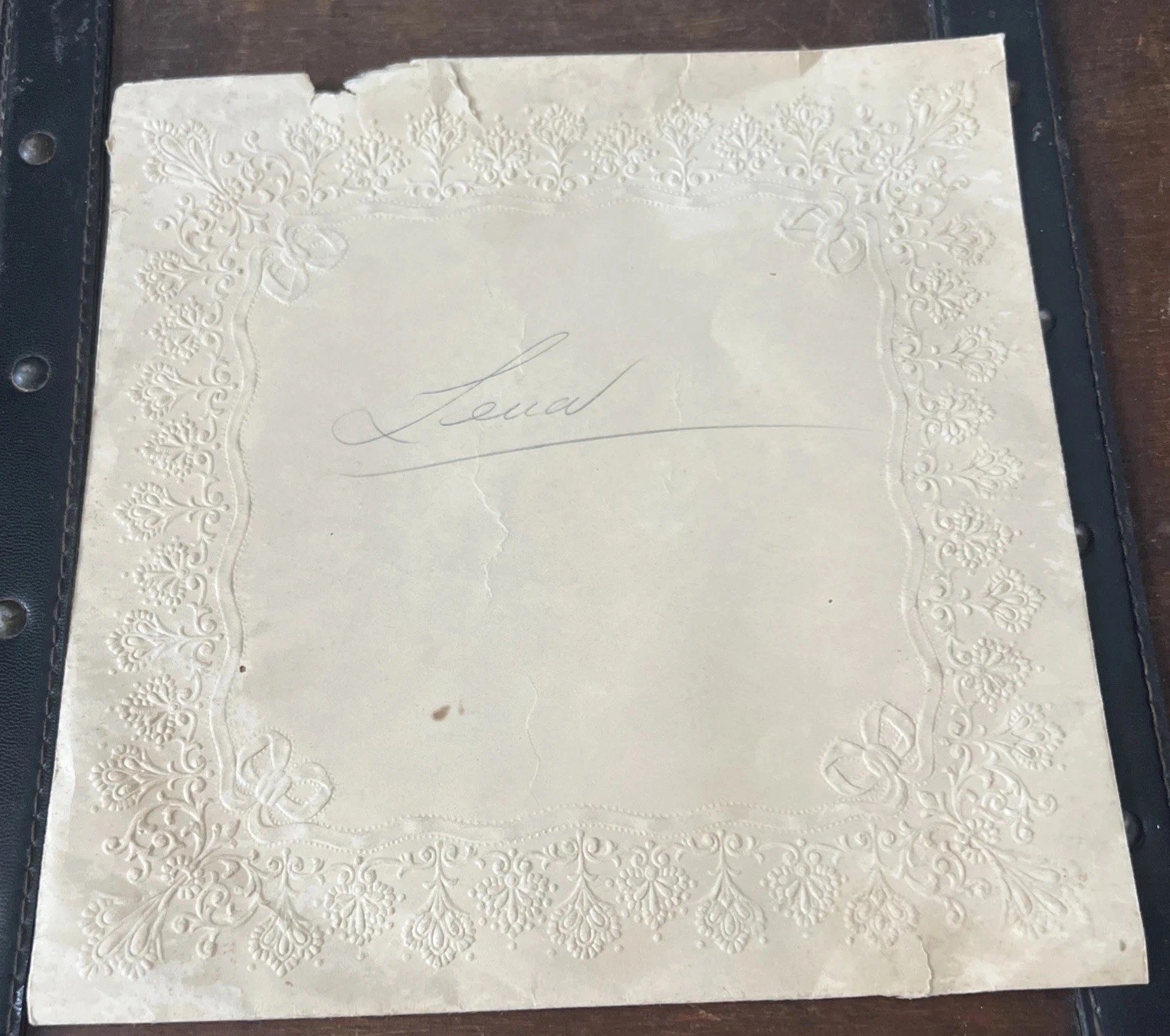 Antique Valentine Day Card Envelop Embossed Bow Cursive Writing