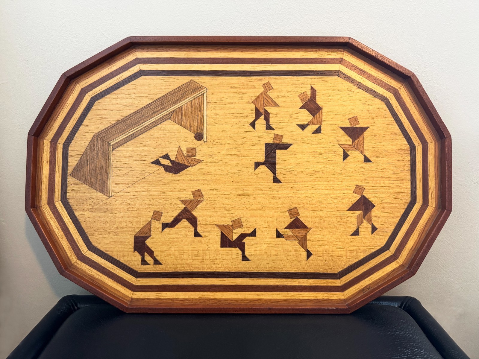 RARE MINT DUTCH CUBIST EXOTIC WOOD MARQUETRY OCTAGONAL SOCCER MOTIF TRAY C 1925