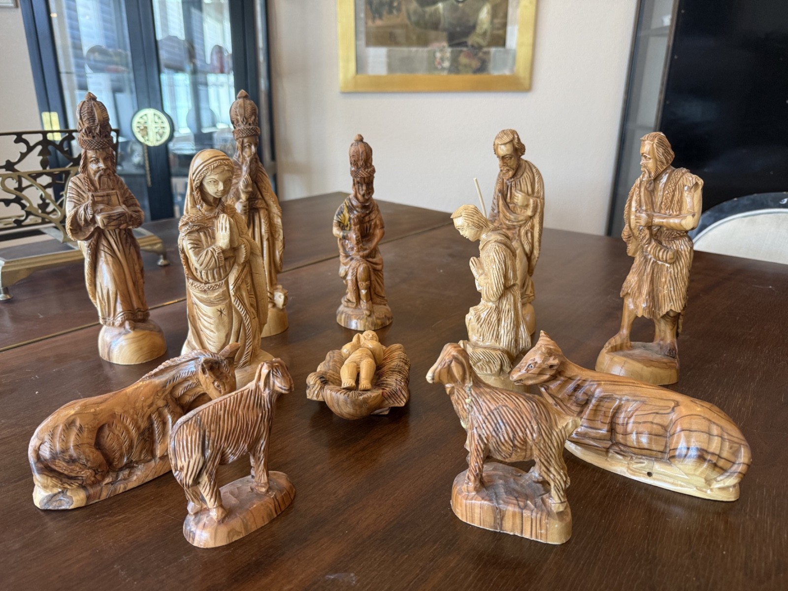 Rare 12-Piece Iraqi Christian Hand-Carved Wood Nativity Set Baghdad 2009