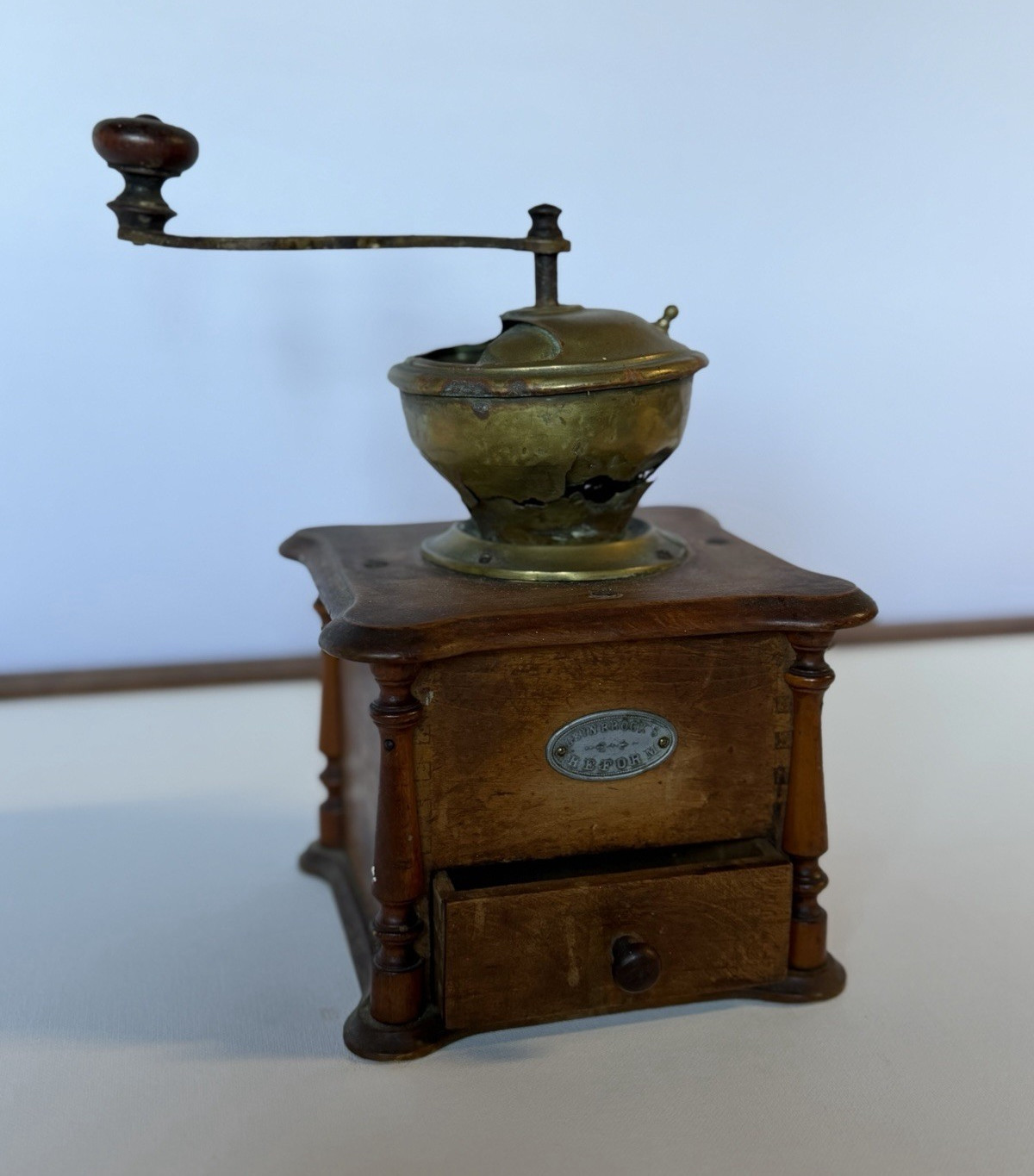 Antique Leinbrock\'s Reform oak manual coffee grinder with brass hopper e1900’s Antique Leinbrock\'s Reform oak manual coffee grinder with brass hopper e1900’s