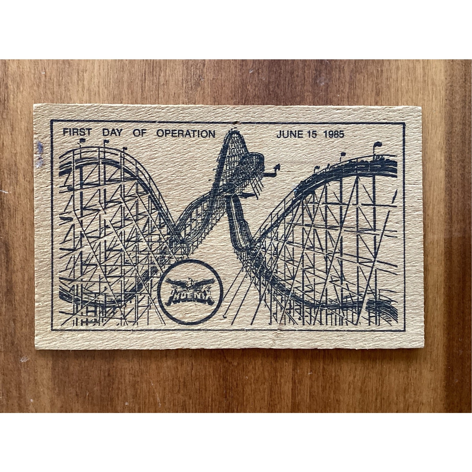 Knoebels Amusement Resort postcard from The Phoenix opening day June 15, 1985