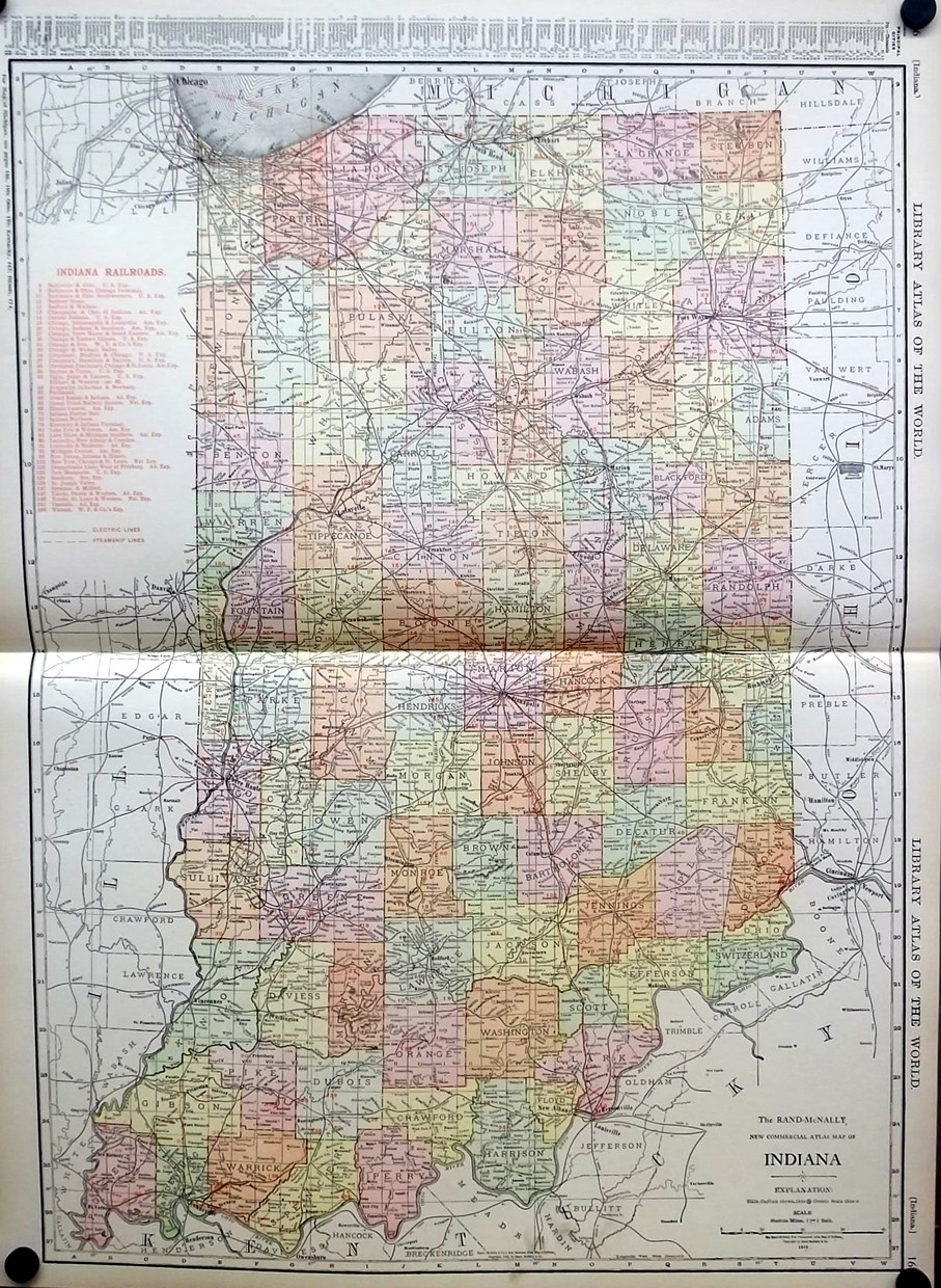 State of Indiana 1912 Rand McNally color Map with Railroads