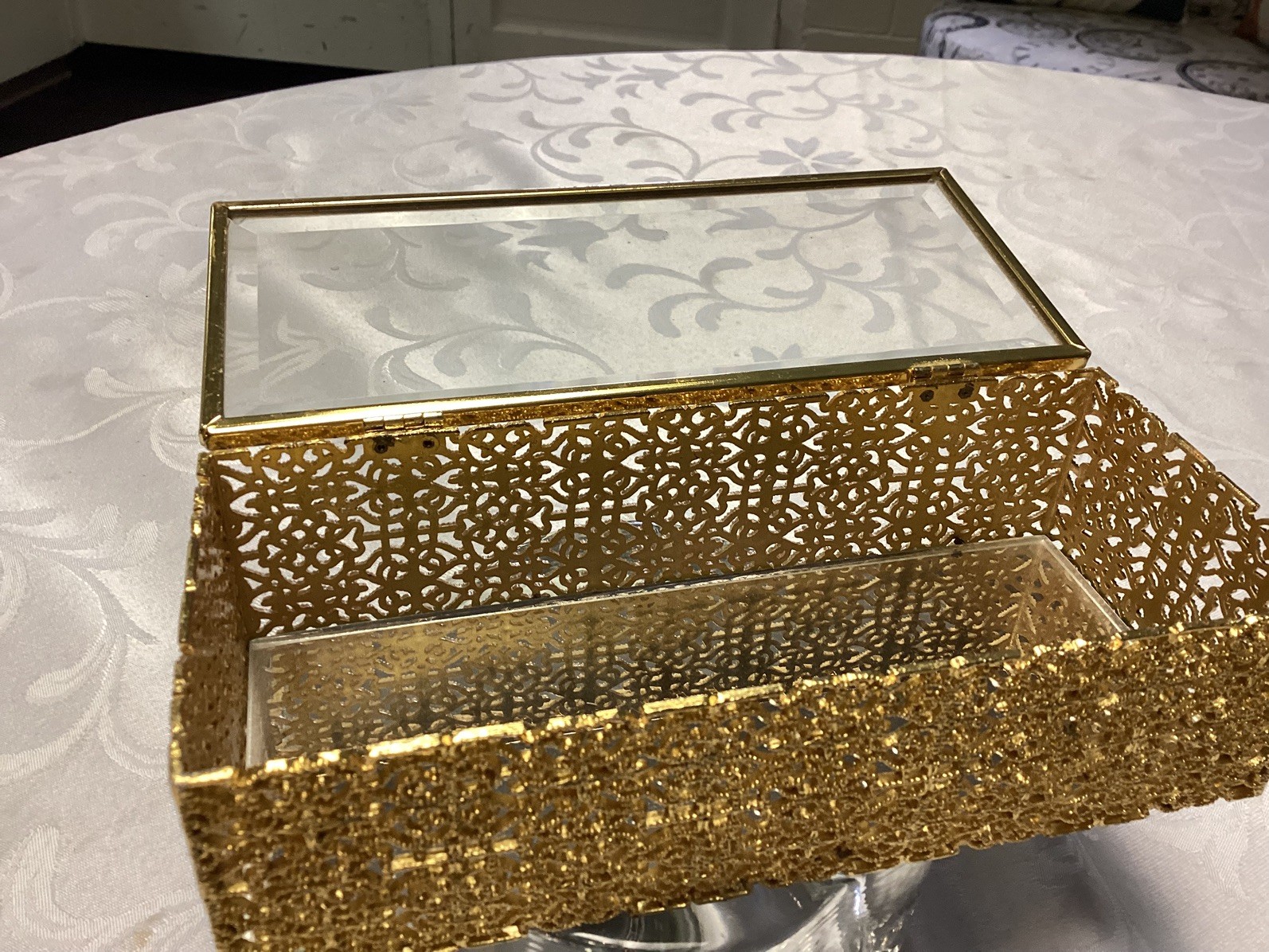 Vtg Antique French Style Filigree Beveled Glass Jewelry Casket Ring Trinket Box