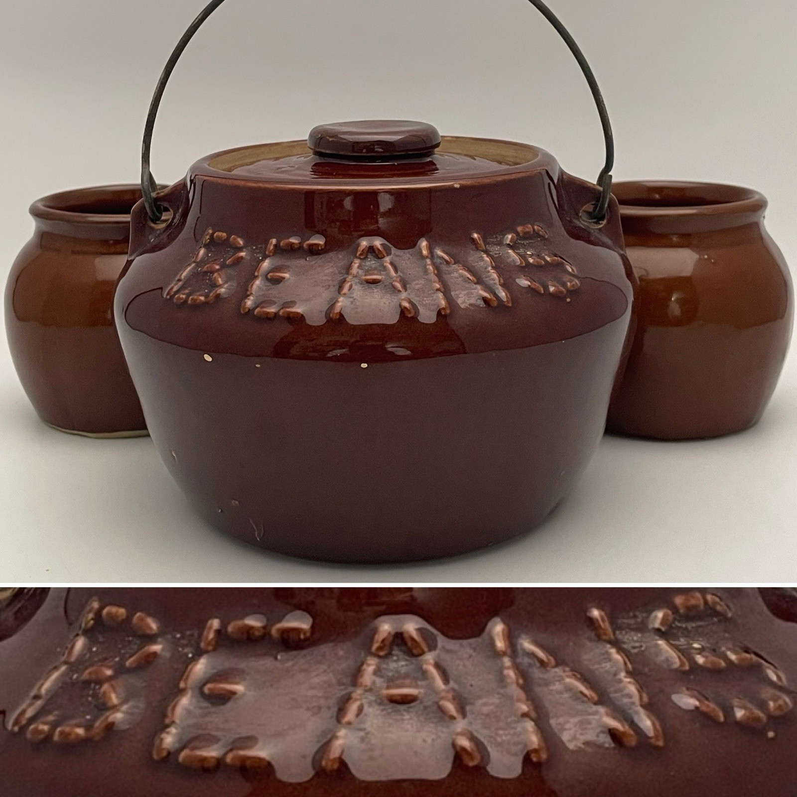 Primitive Stoneware 3 Piece Embossed Beans Pot Crock w/2 Cups c1930s Made in USA Primitive Stoneware 3 Piece Embossed Beans Pot Crock w/2 Cups c1930s Made in USA
