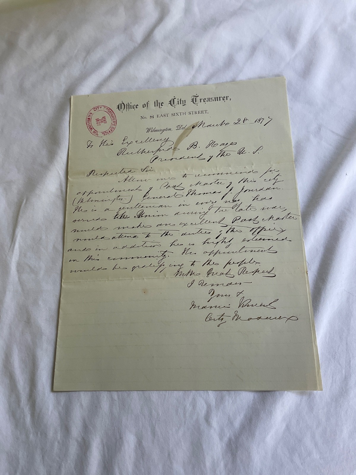 CIVIL WAR DELAWARE GENERAL THOMAS J JORDAN REFERENCE LETTER TO PRES. HAYES 1877