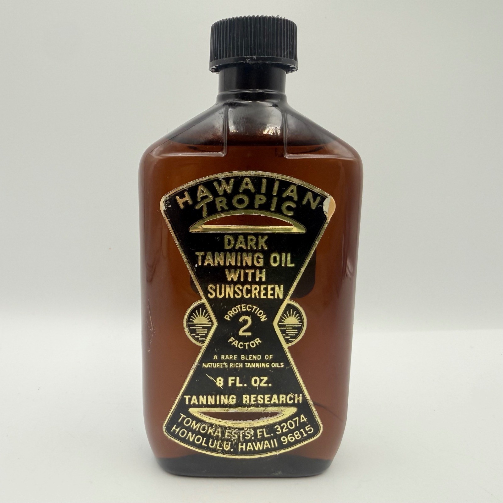 Vintage Hawaiian Tropic Dark Tanning Oil 8oz Amber Bottle SPF 2 Ron Rice Retro