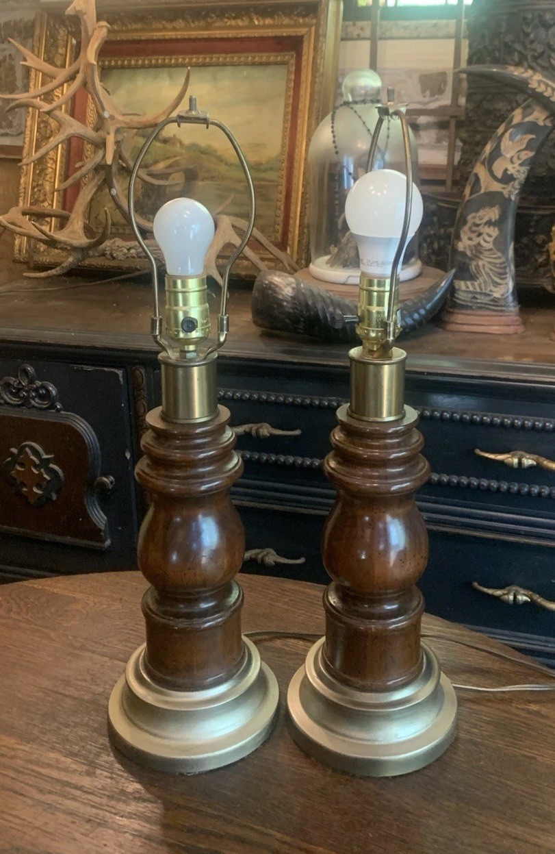 Vintage Pair MCM Solid Turned Wood Lamps 1970's~Nice 21