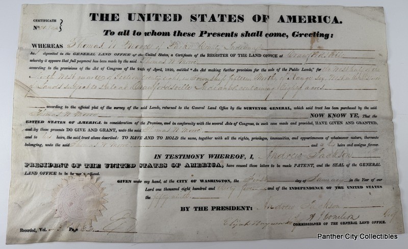 Original 1833 Document U.S. Land Grant Andrew Jackson Crawfordsville Indiana