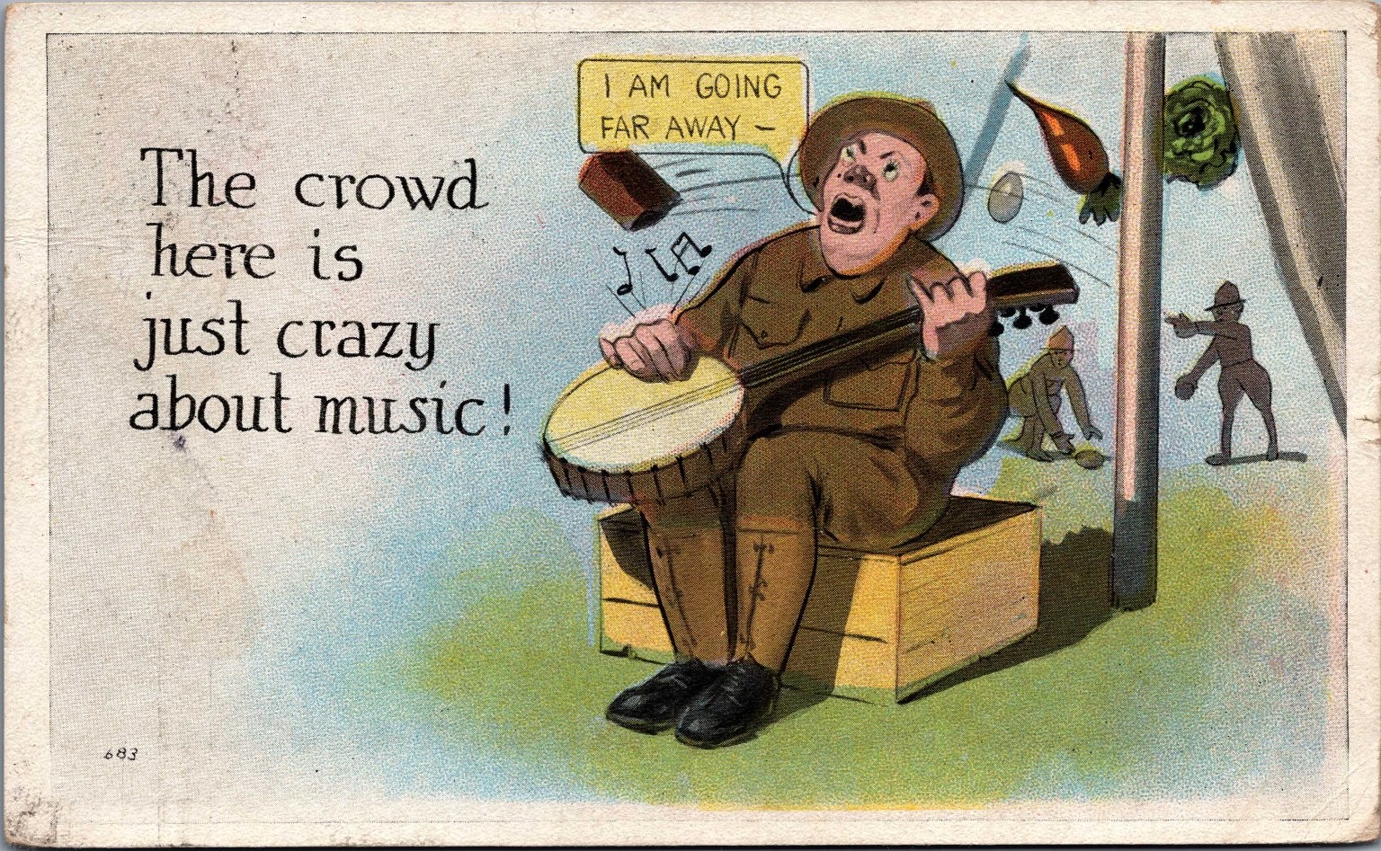 WWI Soldier Cartoon Postcard 1918 Camp Meade MD Banjo Music Humor WWI Soldier Cartoon Postcard 1918 Camp Meade MD Banjo Music Humor