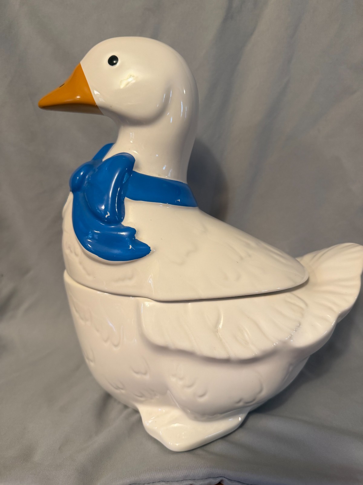 Vintage Mother Goose Ceramic Cookie Jar Blue Ribbon Bow Cottage Core
