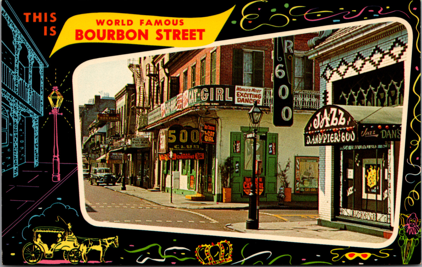 New Orleans Bourbon Street Mirro-Krome Postcard 1950s-60s Unposted Jazz New Orleans Bourbon Street Mirro-Krome Postcard 1950s-60s Unposted Jazz