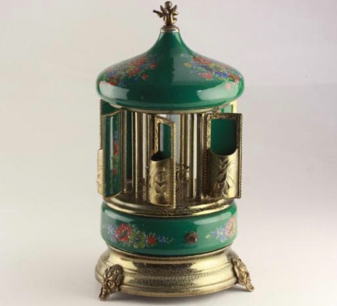 REUGE Swiss Music Box Carousel Cigarette Holder Green Hand Painted Italy 2 Tunes