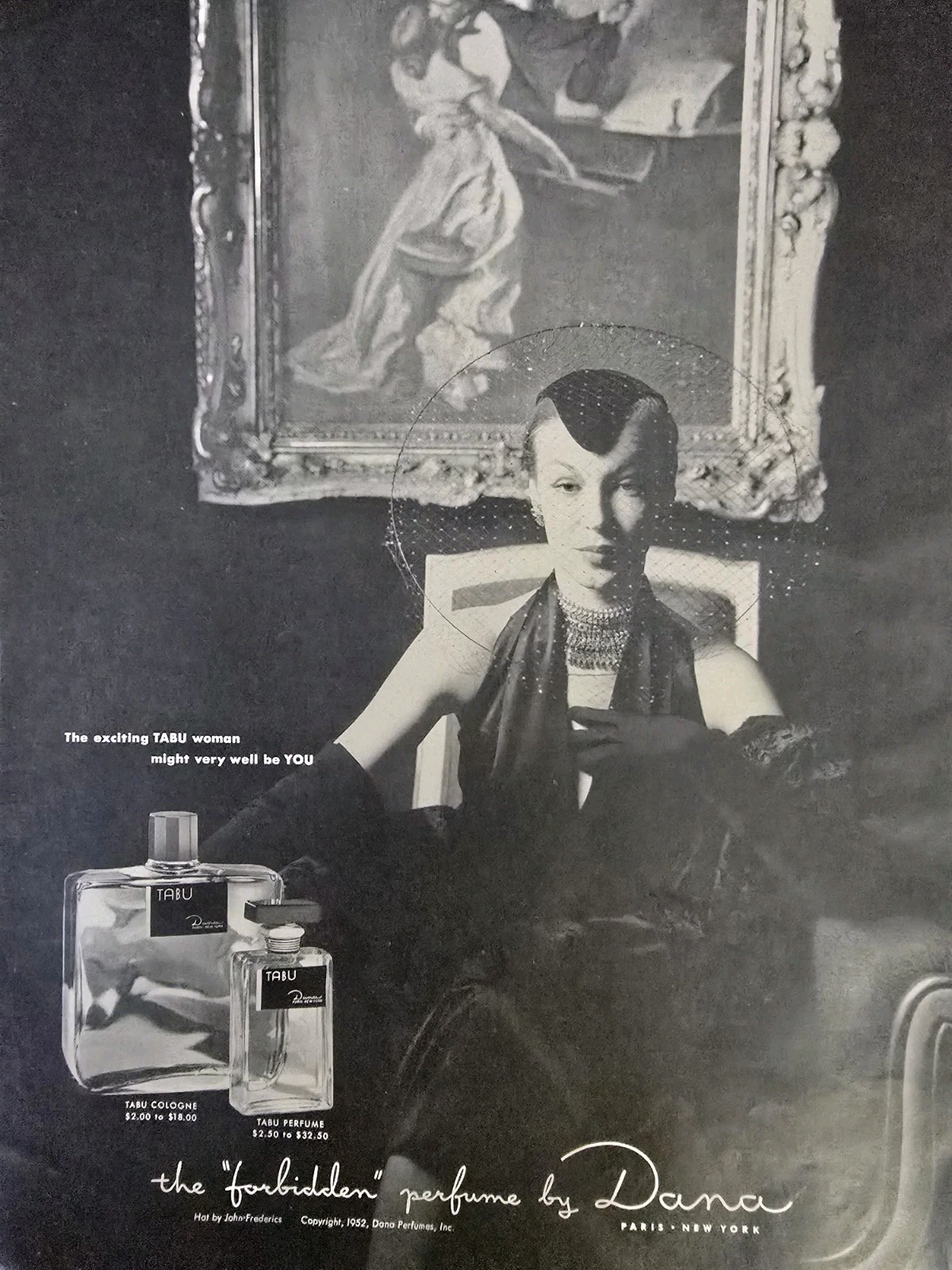 1952 Women's Dana Tabu Forbidden Perfume Cologne Bottles Vintage Ad 1952 Women's Dana Tabu Forbidden Perfume Cologne Bottles Vintage Ad