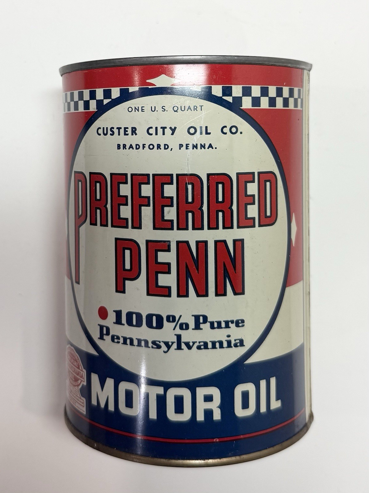 VINTAGE 1950s PREFERRED PENN CUSTER CITY OIL ONE QUART CAN SAE 20 SEALED EMPTY