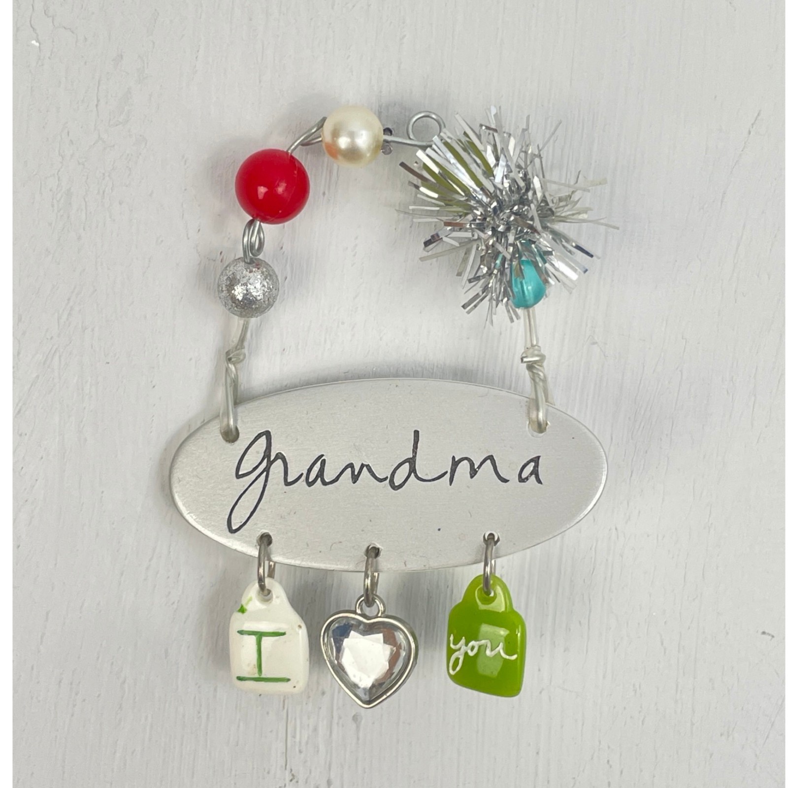 Christmas Ornament Grandma I Love You Charms Beads Silver Tinsel Holiday Tree Christmas Ornament Grandma I Love You Charms Beads Silver Tinsel Holiday Tree