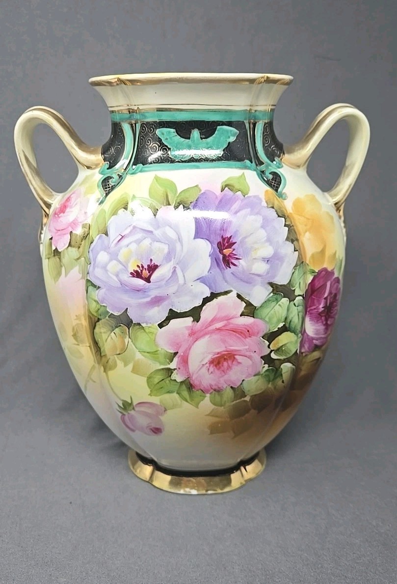 Morimura Vase 9 3/4” Nippon Hand Painted  Large Roses 