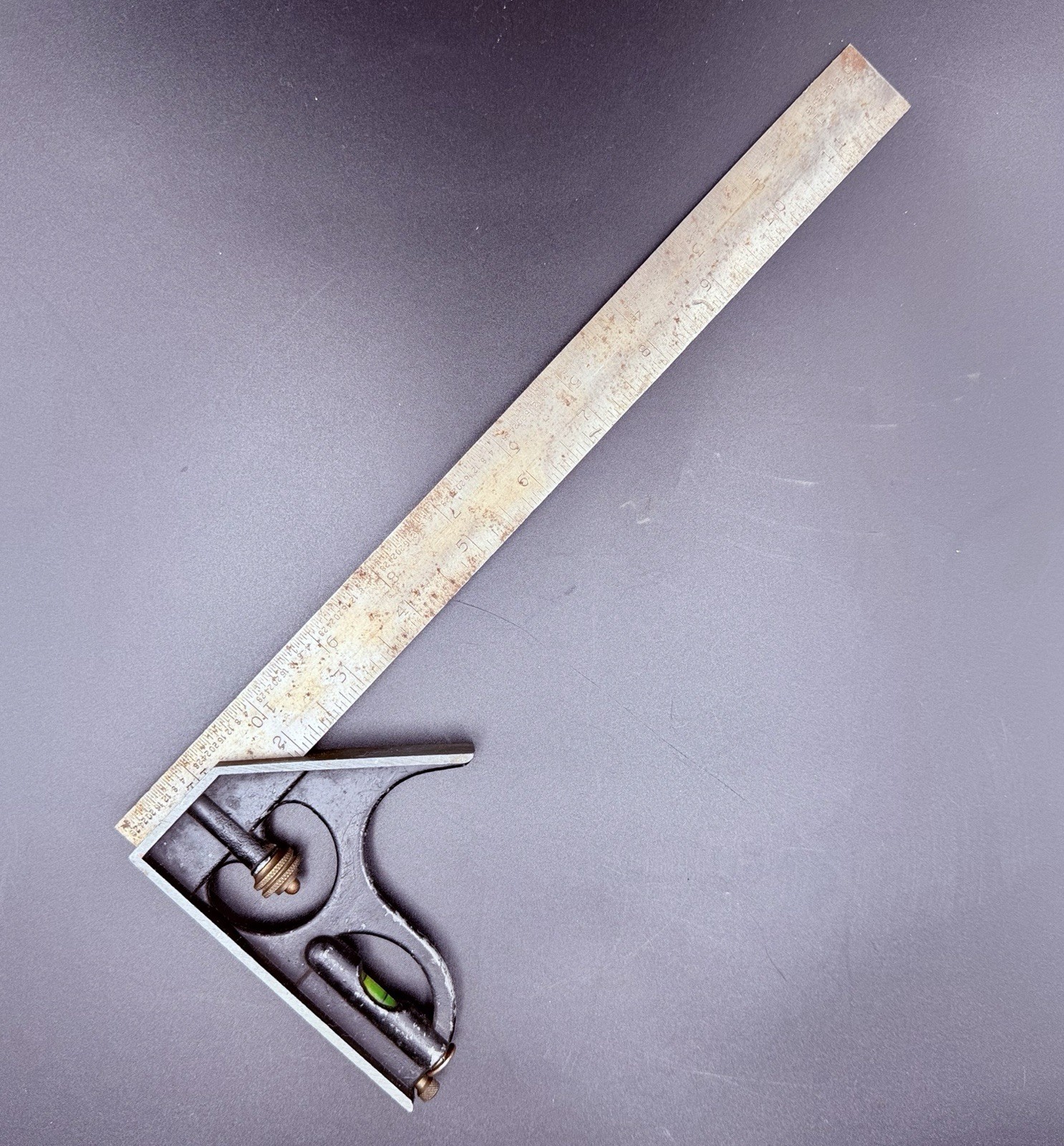 Vintage Combination Square Cast Iron Head Spirit Level Scribe USA 12