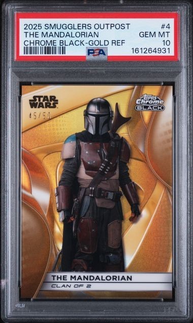2025 TOPPS STAR WARS CHROME BLACK MANDALORIAN SMUGGLERS OUTPOST GOLD #4 PSA 10 2025 TOPPS STAR WARS CHROME BLACK MANDALORIAN SMUGGLERS OUTPOST GOLD #4 PSA 10