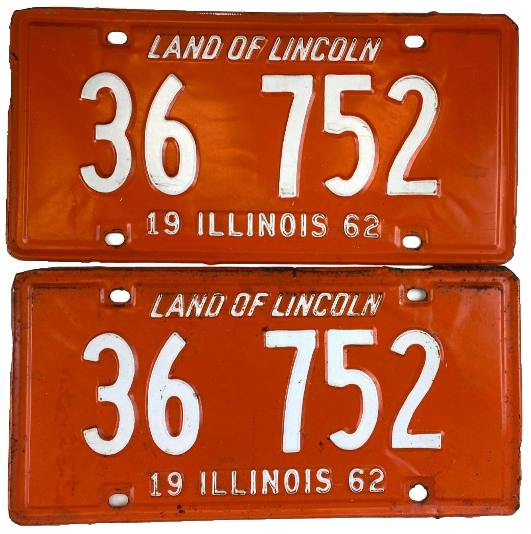 Vintage Illinois 1962 Auto License Plate Set Pair 36 752 Man Cave Wall Decor