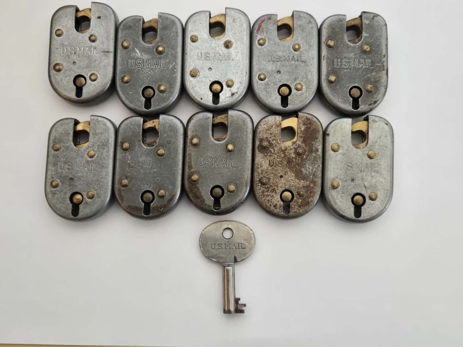 10 EA.-USED-OBSOLETE-U.S.MAIL-L.A. STEEL & BRASS MAIL BAG PADLOCKS-WITH IRON KEY