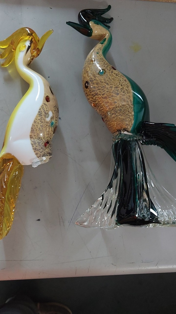 DEFECTIVE Vintage Murano Glass Bird of Paradise Rare Pair In Yellow And G3D DEFECTIVE Vintage Murano Glass Bird of Paradise Rare Pair In Yellow And G3D