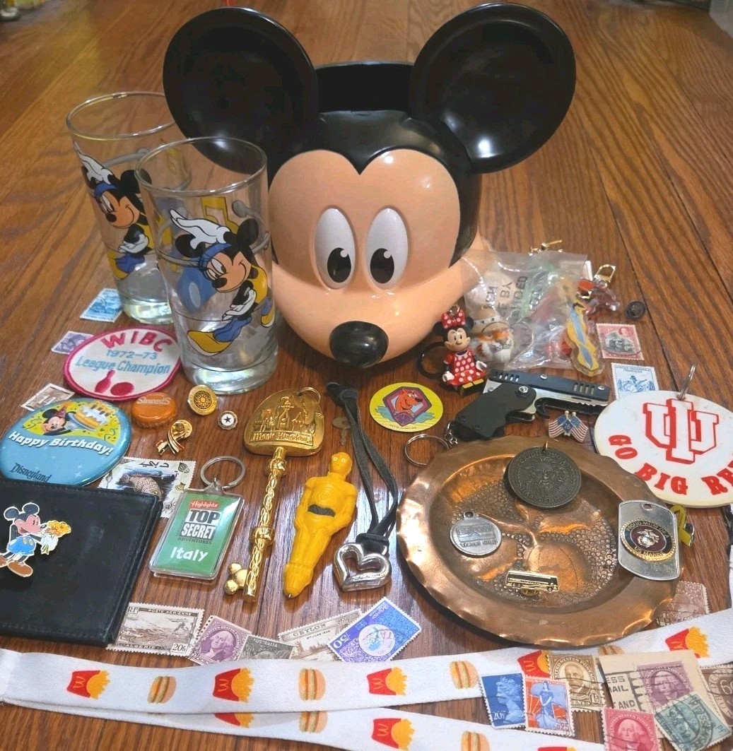 Vintage Grandpa’s Junk Drawer Lot Pins Stamps Disney Vintage Grandpa’s Junk Drawer Lot Pins Stamps Disney