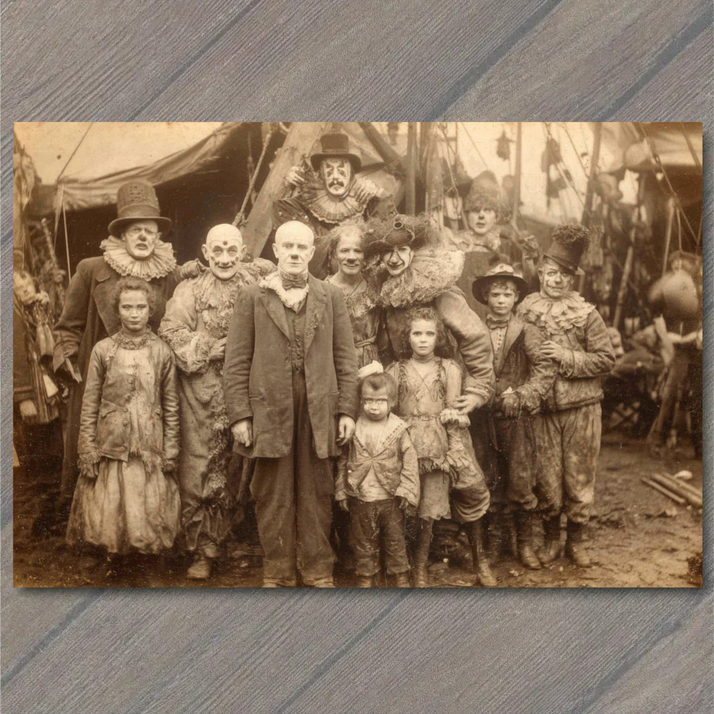 POSTCARD Circus Clown Family Muddy Costumes Tents Carnival Group Portrait POSTCARD Circus Clown Family Muddy Costumes Tents Carnival Group Portrait