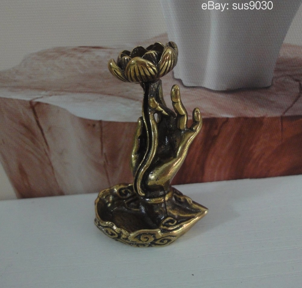 Vintage Solid Brass Hand Holding Lotus Flower Statue Incense Stick Holder Vintage Solid Brass Hand Holding Lotus Flower Statue Incense Stick Holder
