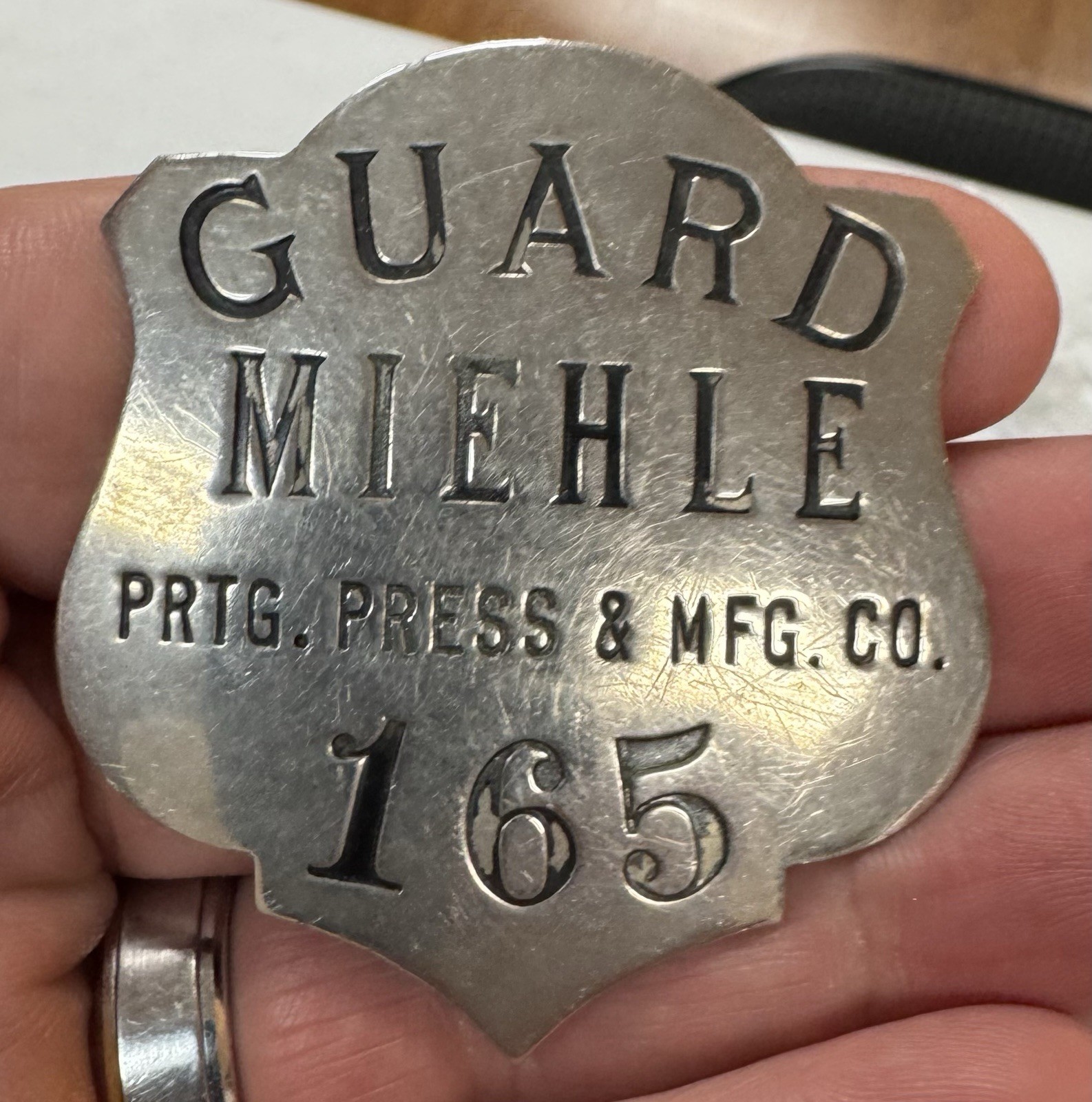 Vintage Early Miehle Printing Press Factory Guard Badge C.H. Hanson Chicago 2.2\