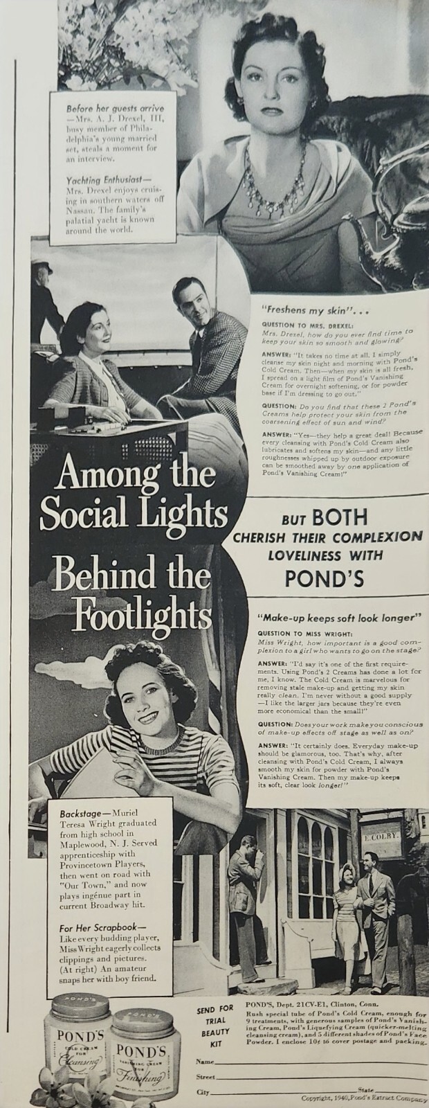 1940 Ponds Cold Cream Vintage Ad Mrs A J Drexel III Muriel Teresa Wright