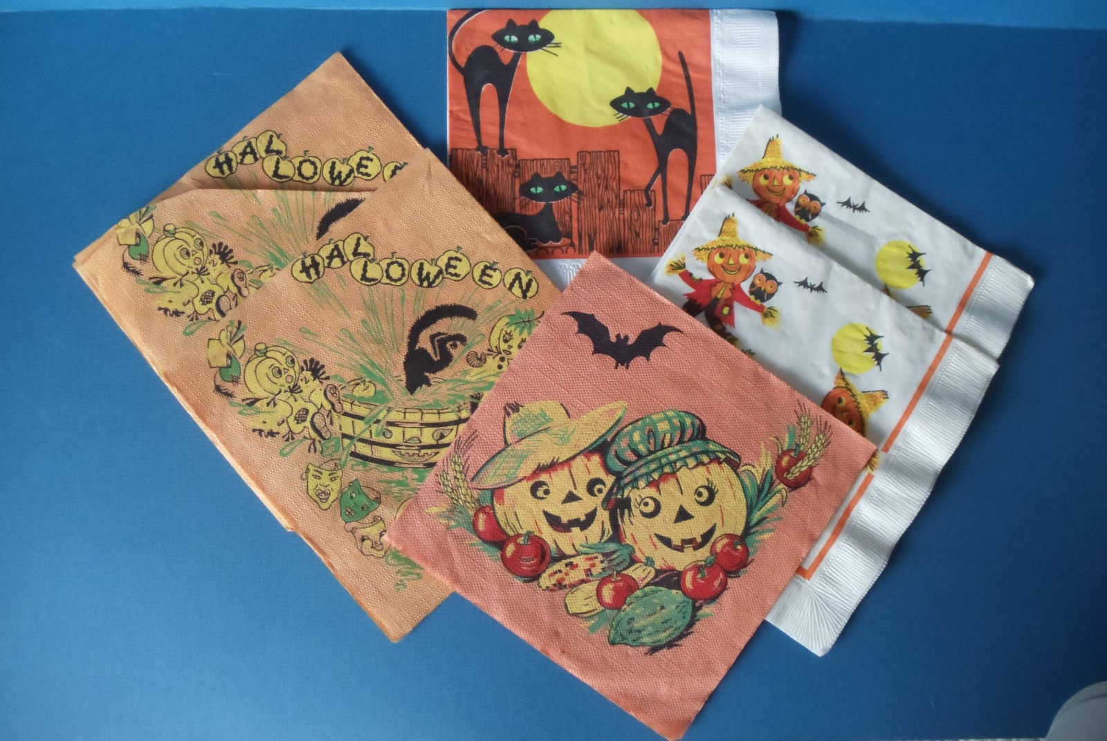 SIX Vintage Halloween Napkins ~ Black Cats Pumpkins Bats Scarecrows Crepe Paper