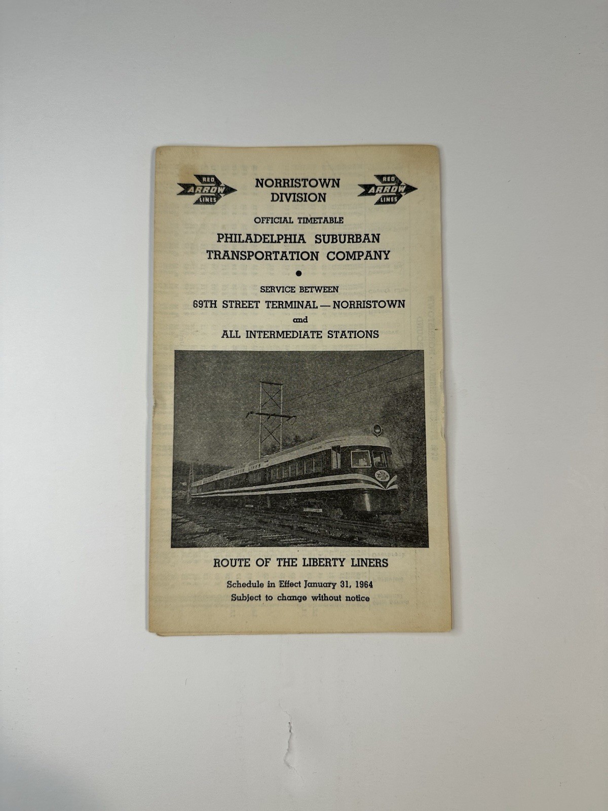 Vintage 1964 Red Arrow Lines Norristown Timetable Liberty Liner Debut Service