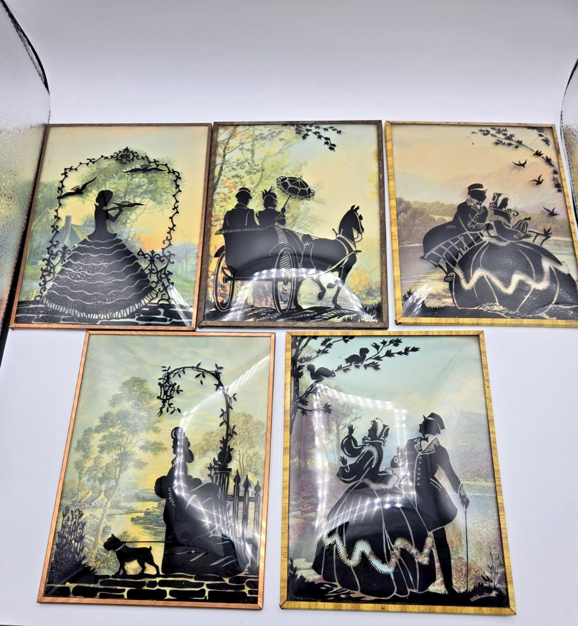 Vintage Reverse Painted Silhouette Victorian Family Convex Bubble Glass Set 5 Vintage Reverse Painted Silhouette Victorian Family Convex Bubble Glass Set 5