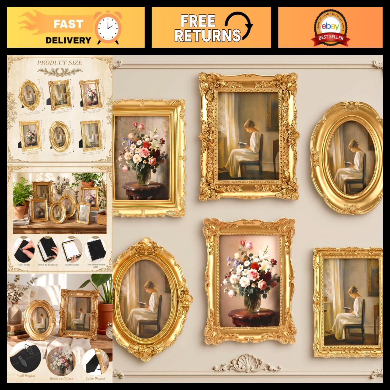 6 Vintage Gold Picture Frames Set for Wall & Tabletop Decor - Lineshading