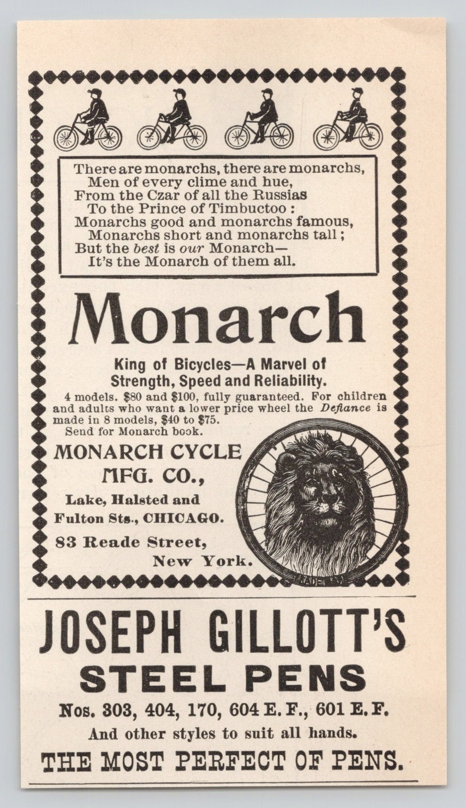 Monarch Bicycle Cycle Chicago Steel Pens Joseph Gillott 1895 Print Ad Monarch Bicycle Cycle Chicago Steel Pens Joseph Gillott 1895 Print Ad