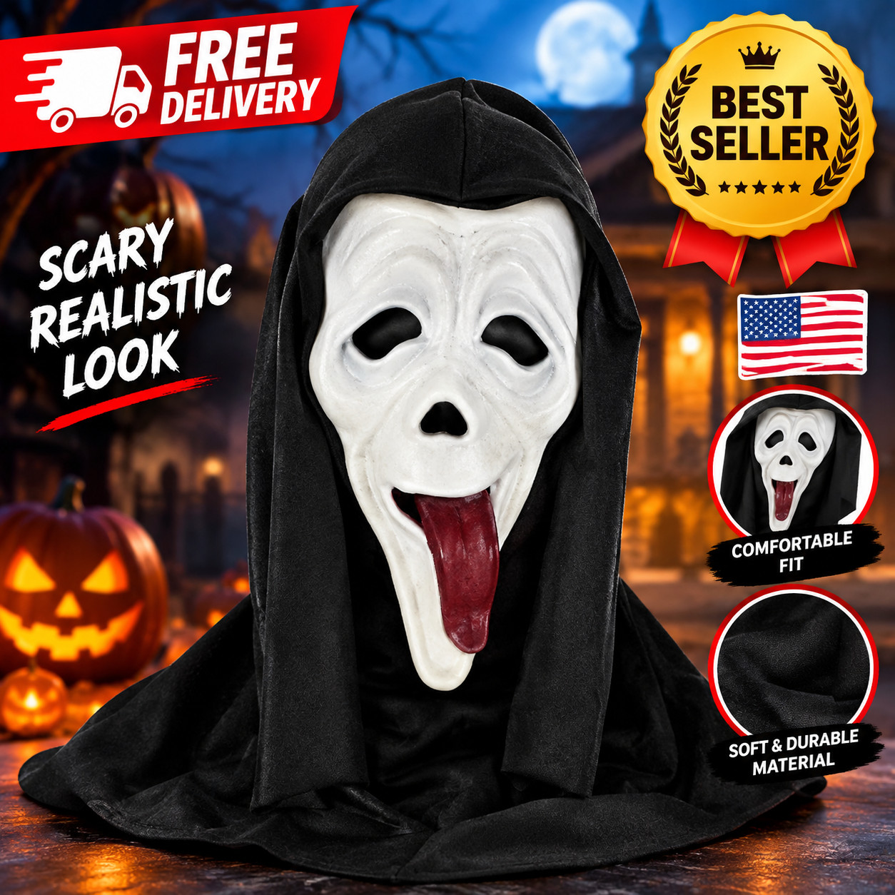 SCARY MOVIE WASSUP GHOST FACE STONED TONGUE COSTUME MASK . Scream Movie