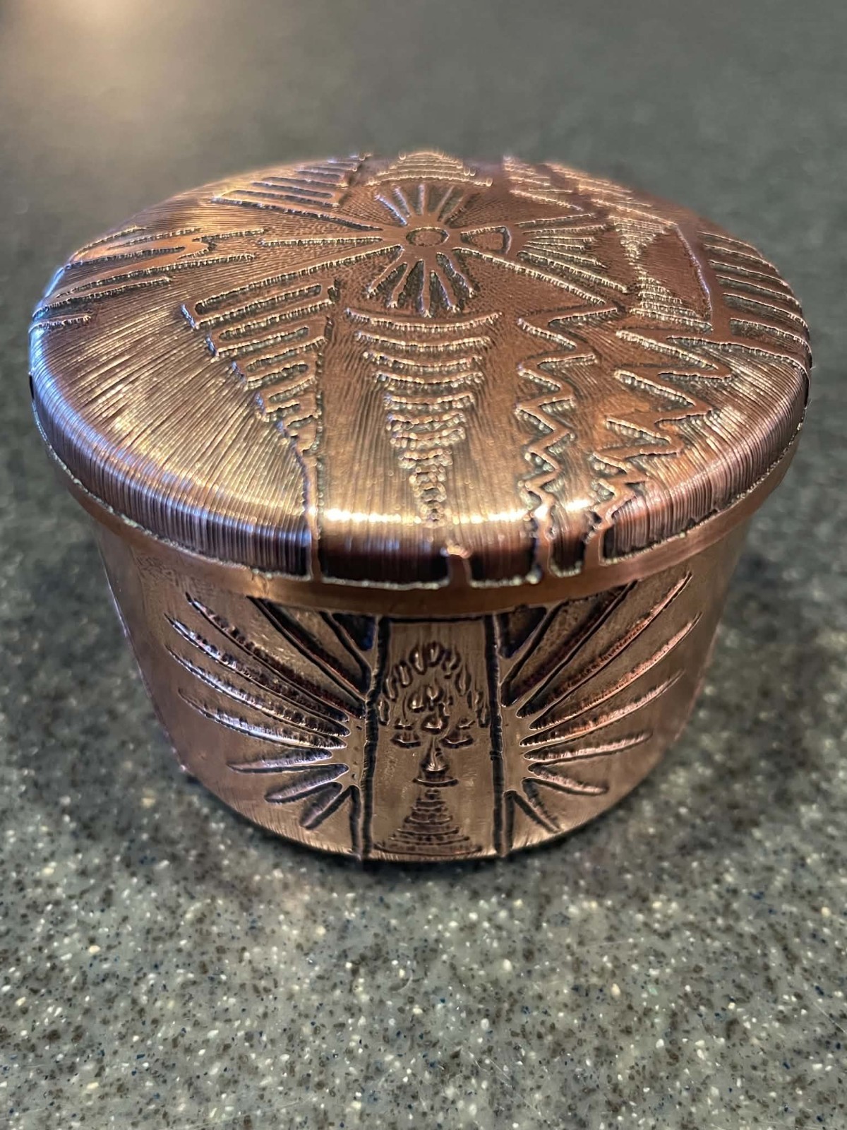 Vintage Chilean Copper Trinket Box, Hand Carved Geometric Folk Art Lidded Box