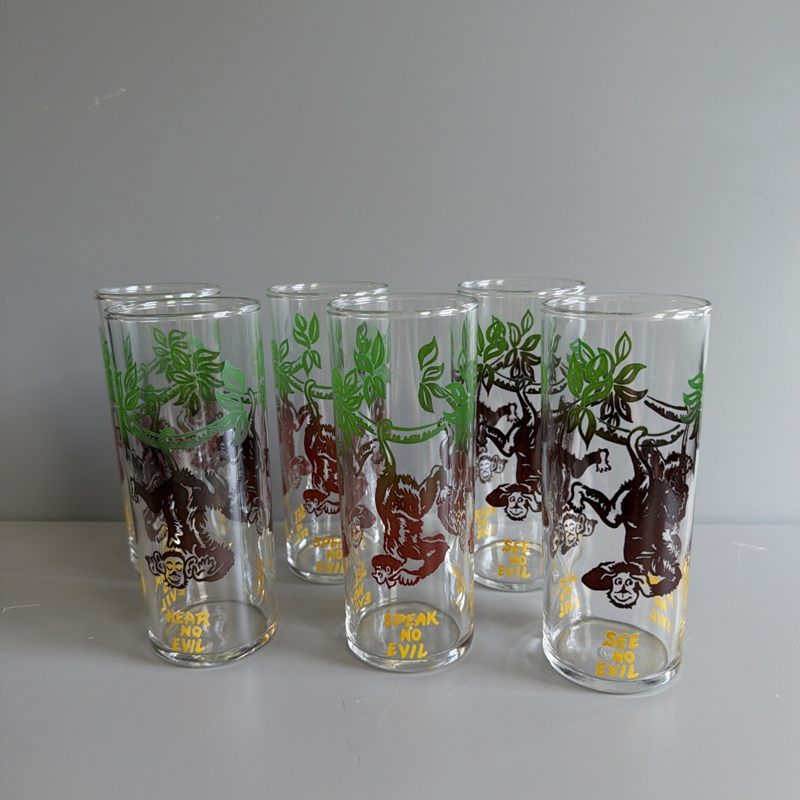 Set of 6 - Vtg 1950s MCM Federal Glass Monkey Jungle Collins Highball Glasses Set of 6 - Vtg 1950s MCM Federal Glass Monkey Jungle Collins Highball Glasses