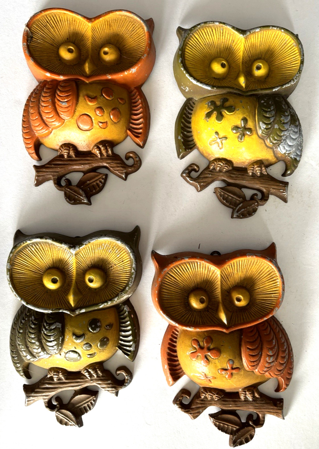VINTAGE OWLS Set 4 Cast Metal ORANGE GREEN Wall Art MCM 1970 SEXTON USA 9\