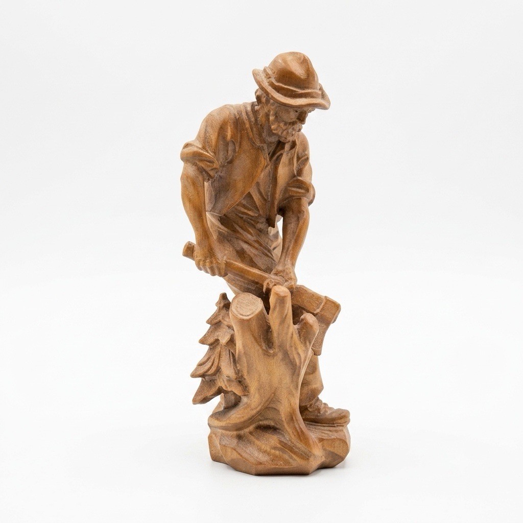 VTG German Wood Carving Lumberjack Figurine, Handarbeit Holzchnitzerei, 6.75”T
