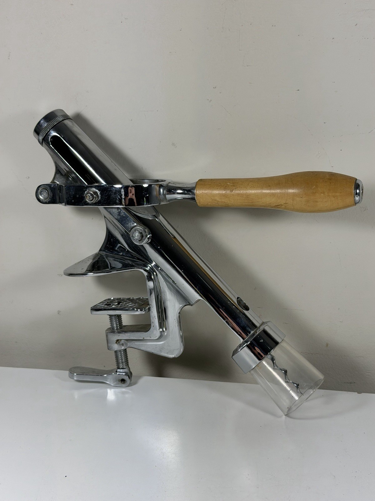 Vintage Chrome Countertop Mounted Corkscrew Wine Opener Lever Action Wood Handle